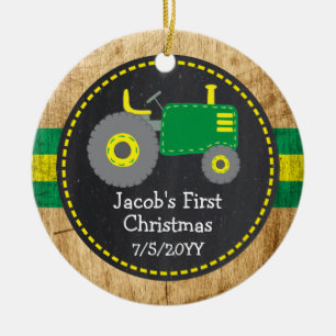 Rustikaler grüner Traktor Erstes Weihnachten Holz  Keramik Ornament