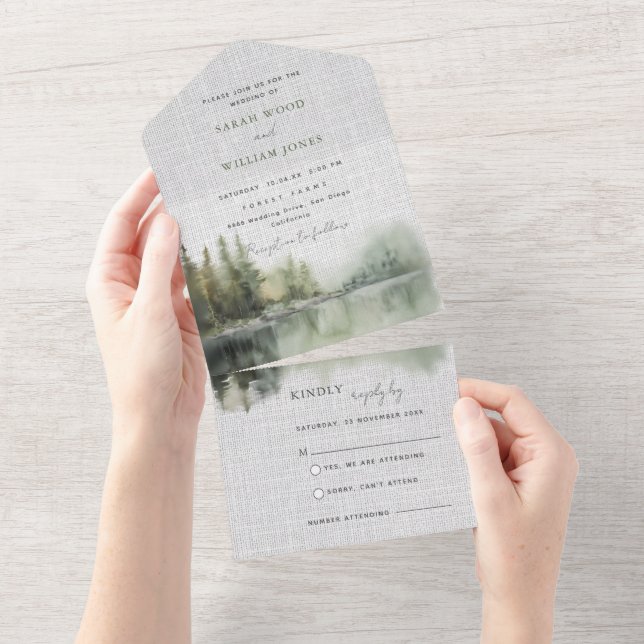 Rustikaler grüner Wald in einer Hochzeit einladen All In One Einladung (Abreißen)