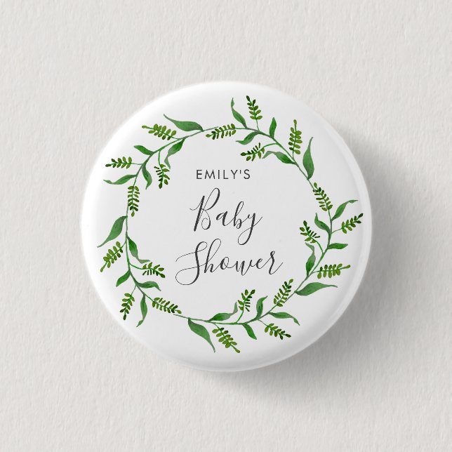Rustikaler Grünkränzchen-Baby-Shower Button (Vorderseite)