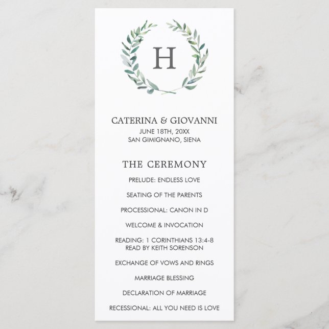 Rustikaler Grünkränze-Monogramm Elegante Hochzeit Programm (Vorderseite)