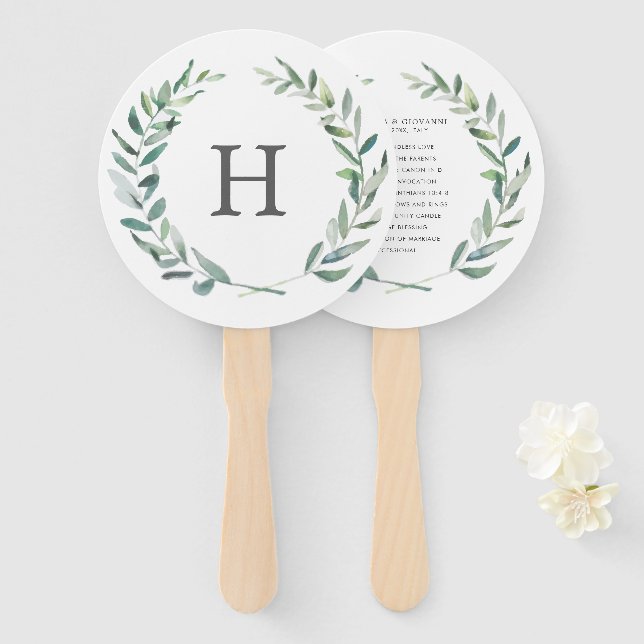 Rustikaler Grünkränze-Monogramm-Hochzeitsprogramm Fächer (Vorne und Hinten)