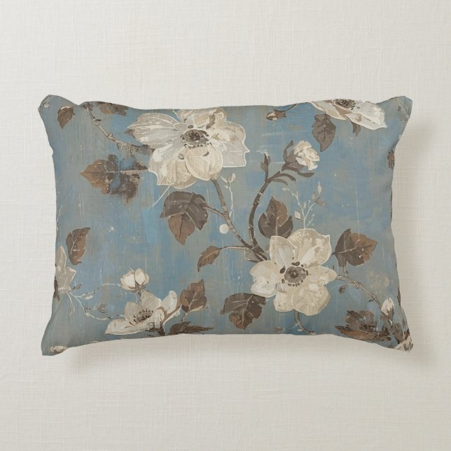 Rustikaler Hellblau-Kokabraun-Blumenprint Dekokissen (Vorderseite)