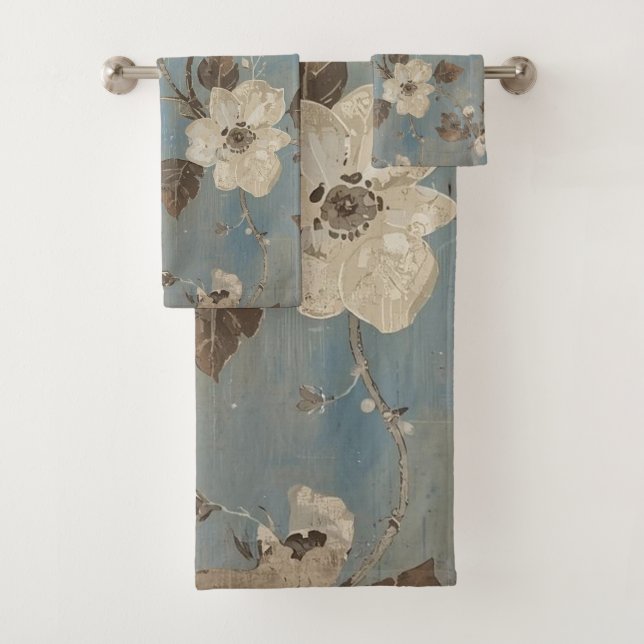 Rustikaler Hellblauer Kakaobrauner Blumenprint Badhandtuch Set (Insitu)