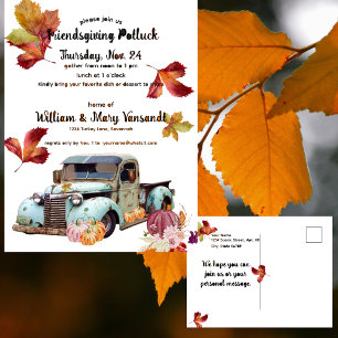 Rustikaler Herbst Blauer Lkw Friendsgiving Potluck Postkarte