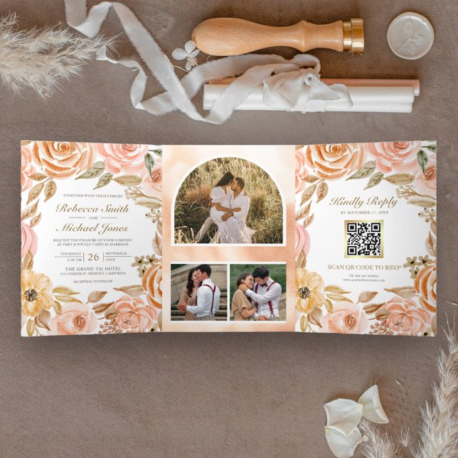 Rustikaler Herbst-Herbst QR-Code Hochzeit Dreifach Gefaltete Einladung (Von Creator hochgeladen)