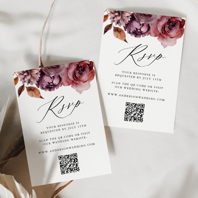Rustikaler Herbst Marsala Floral QR Code Hochzeit RSVP Karte (Von Creator hochgeladen)