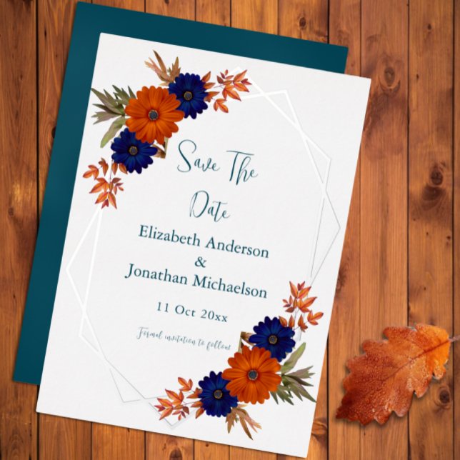 Rustikaler Herbst Orange Navy Blau Save the Date Folieneinladung (Von Creator hochgeladen)