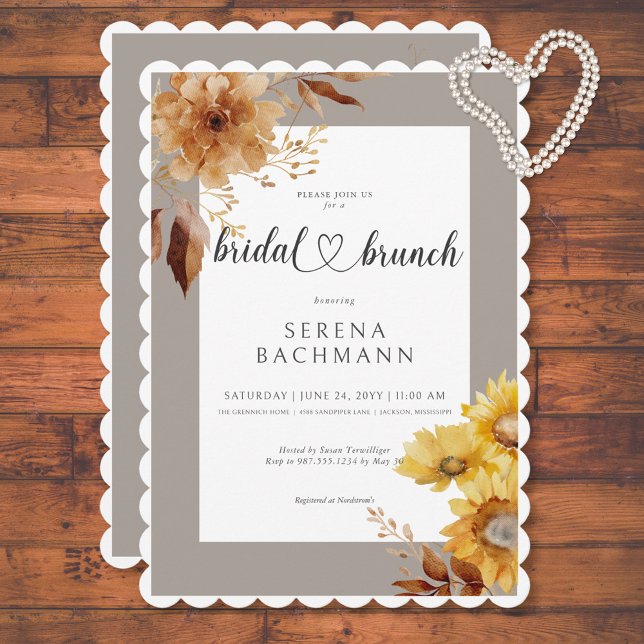 Rustikaler Herbst Sonnenblume Taupe Weißer Brunch Einladung (Rustic Autumn Sunflower Taupe White Bridal Brunch Invitation)