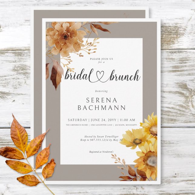 Rustikaler Herbst Sonnenblume Taupe Weißer Brunch Einladung (Rustic Autumn Sunflower Taupe White Bridal Brunch Invitation)