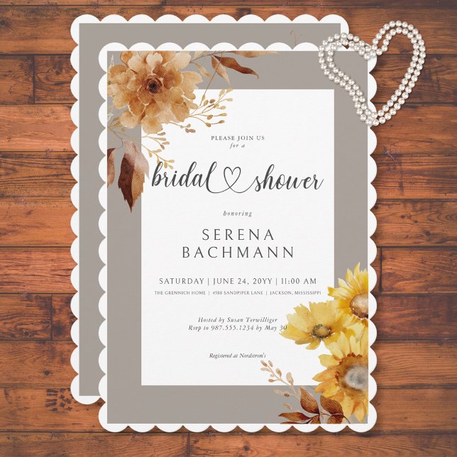 Rustikaler Herbst Sonnenblume Taupe Weißes Brautpa Einladung (Rustic Autumn Sunflower Taupe White Bridal Shower Invitation)