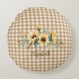 Rustikaler Herbst Sonnenblumen Gingham Personalisi Rundes Kissen