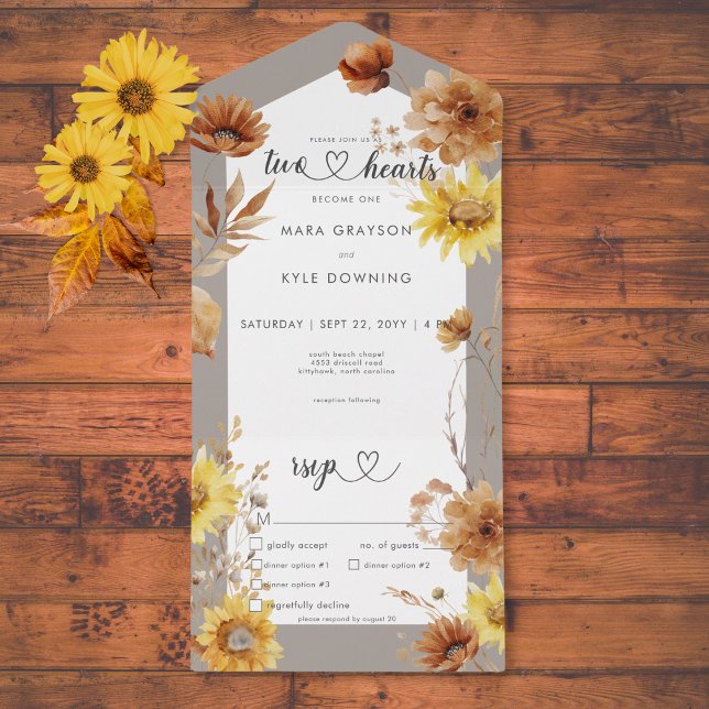 Rustikaler Herbst Sonnenblumen Taupe & Weißes Aben All In One Einladung (Rustic Autumn Sunflower Taupe & White Dinner All In One Invitation)