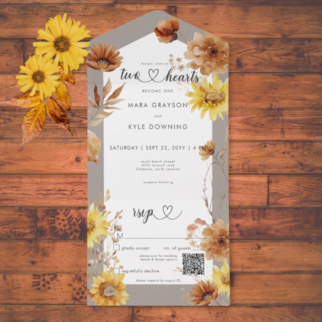 Rustikaler Herbst Sonnenblumen Taupe & White QR Co All In One Einladung (Rustic Autumn Sunflower Taupe & White QR Code All In One Invitation)