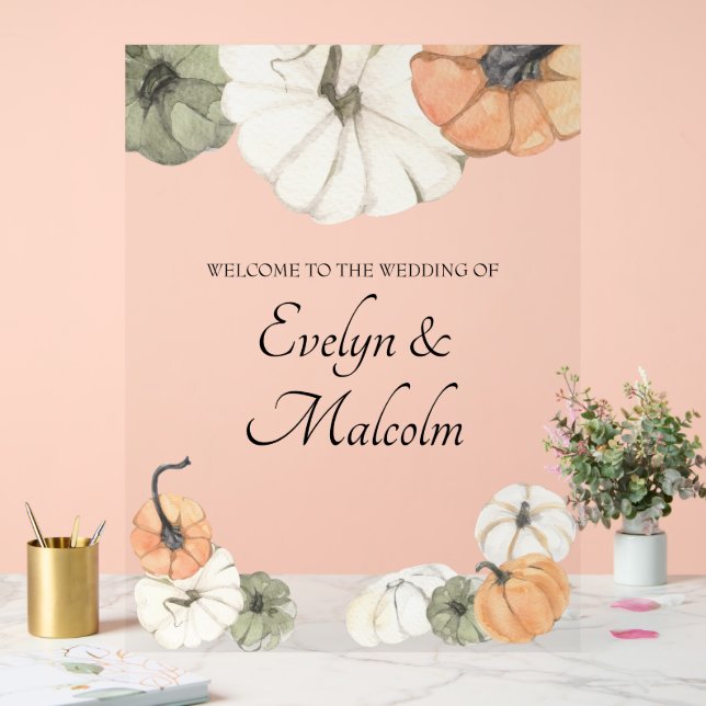 Rustikaler Herbst Weißer Herbst, Orange Pumpkins H Acrylschild (Hochzeit)