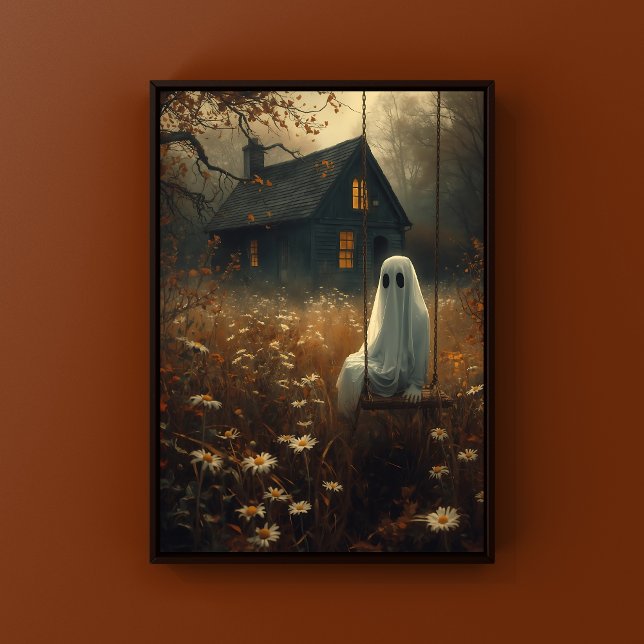 Rustikaler Herbstgeister auf Swing Spooky Hallowee Poster (Spooky Halloween Wall Art in Rustic Cottage Setting)