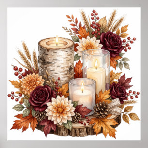 Rustikaler Herbstkerzen-Blumen-Tischschmuck Poster