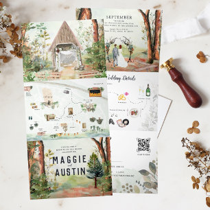Rustikaler Herbstwald Boho-Hochzeit Dreifach Gefaltete Einladung