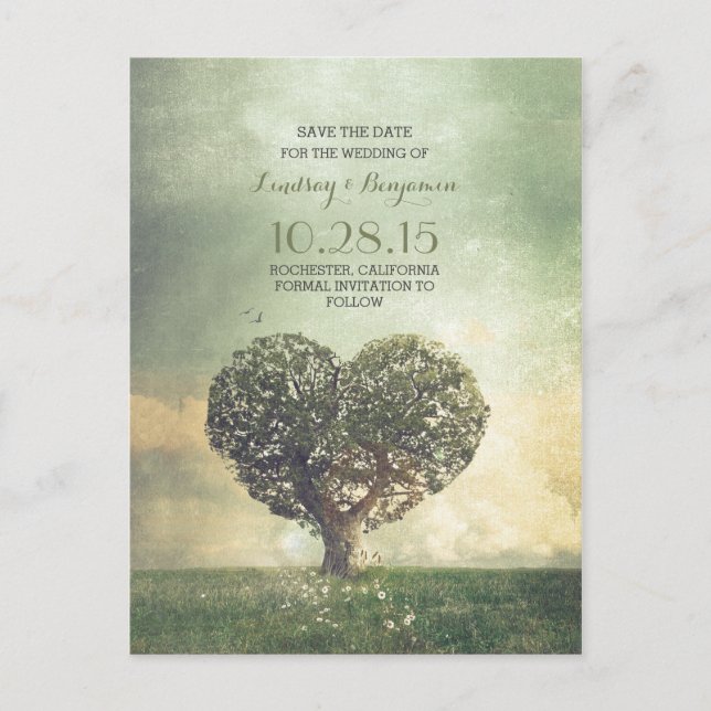 rustikaler Herzbaum Save the Date Vintag Ankündigungspostkarte (Vorderseite)