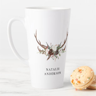 Rustikaler Hirsch-Wasserfarben-Blumen-Name-Latte-M Milchtasse
