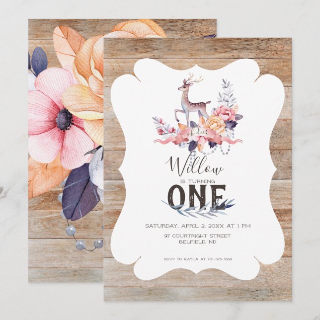 Rustikaler Hirschfrühling Geburtstag Einladung (Vorne/Hinten)
