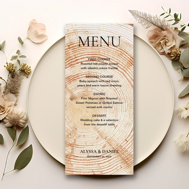 Rustikaler Hochzeitsbaum Holz Rinde Gran Menükarte (Rustic wood tree bark background, wedding menu. Fully customizable and unique.)