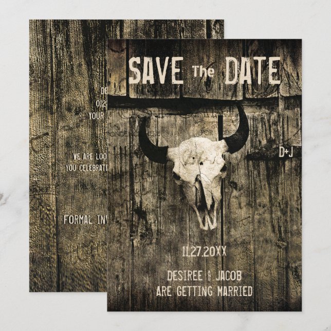 Rustikaler Hochzeitskull-Western Save the Date (Vorne/Hinten)