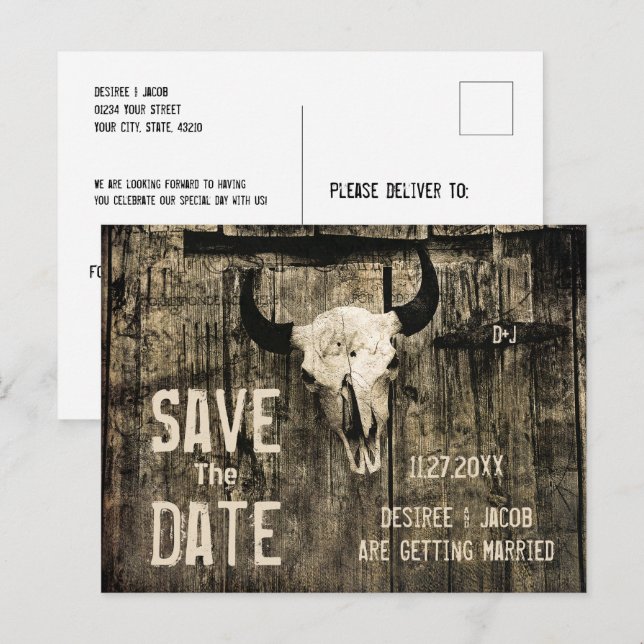Rustikaler Hochzeitskull-Western Save the Date Ankündigungspostkarte (Vorne/Hinten)