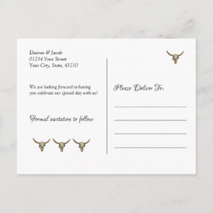 Rustikaler Hochzeitssender Western Bull Skull Save Postkarte