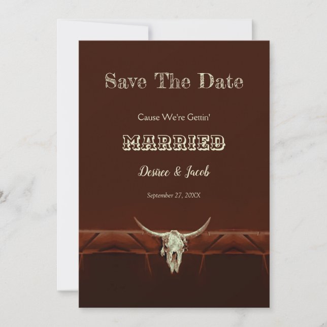 Rustikaler Hochzeitssender Western Bull Skull Save The Date (Vorderseite)