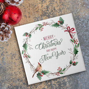 Rustikaler Holly Berry Wreath mit Bird Holiday Fliese