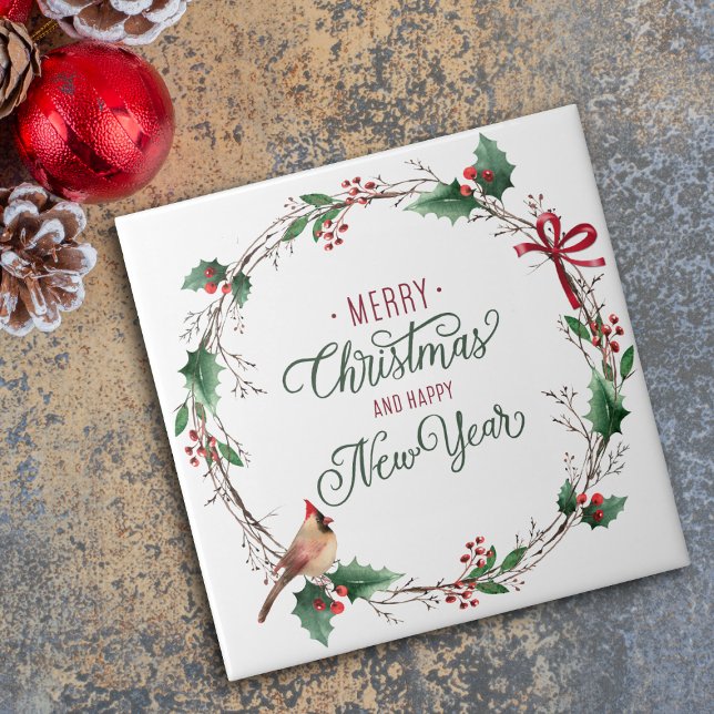 Rustikaler Holly Berry Wreath mit Bird Holiday Fliese (Von Creator hochgeladen)