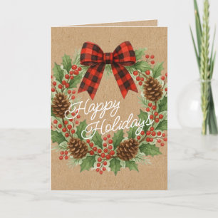 Rustikaler Holly Wreath Red Black Checkered Bow Feiertagskarte