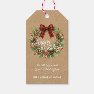 Rustikaler Holly Wreath Red Black Checkered Bow Geschenkanhänger