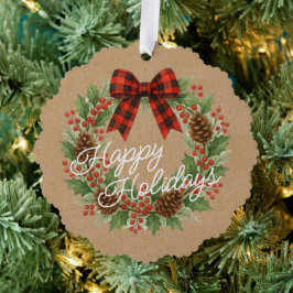 Rustikaler Holly Wreath Red Black Checkered Bow Ornament Karte