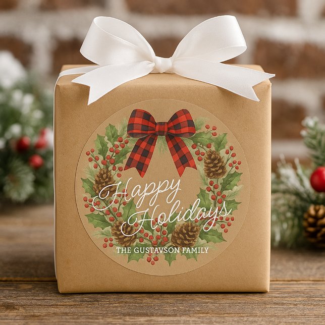 Rustikaler Holly Wreath Red Black Checkered Bow Runder Aufkleber (Von Creator hochgeladen)