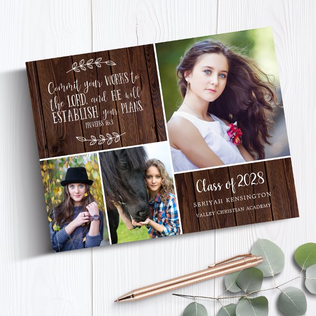 Rustikaler Holz Bibel Verse Foto Collage Abschluss Gästebuch (Rustic Wood Bible Verse Photo Collage Graduation Guest Book)