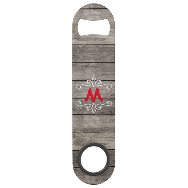Rustikaler Holz-Blick mit Monogramm Speedflaschenöffner (Vorderseite)