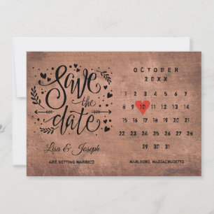 Rustikaler Holz-Save-the-Date-Kalender rotes Herz Einladung