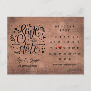 Rustikaler Holz Save-the-Date-Kalender Rotes Liebe Ankündigungspostkarte