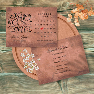 Rustikaler Holz Save-the-Date-Kalender Rotes Liebe Ankündigungspostkarte