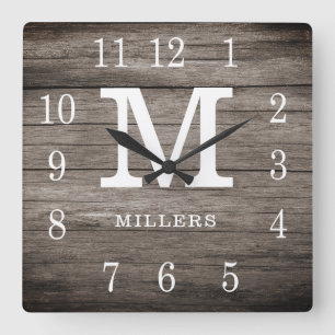 Rustikaler Holzbauername Familienname Custom Monog Quadratische Wanduhr