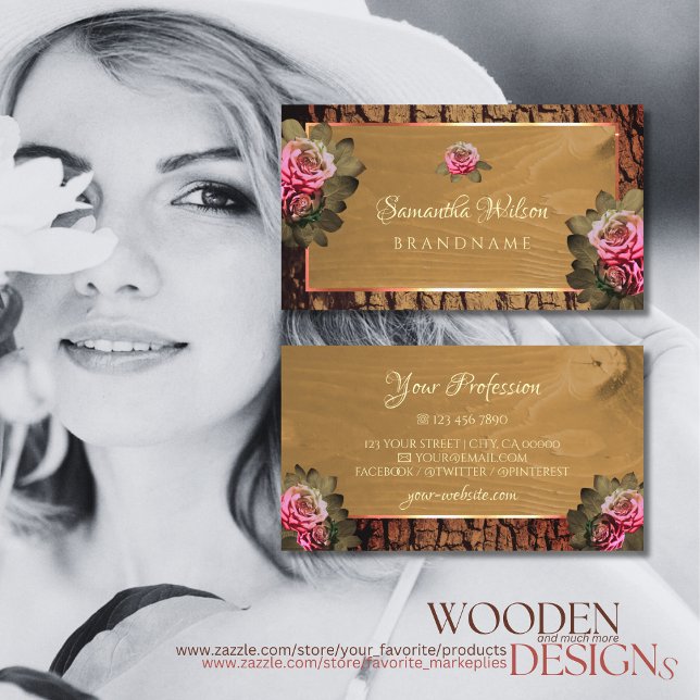 Rustikaler Holzbaum Bark Blütenblüte Rosen Visitenkarte (Von Creator hochgeladen)