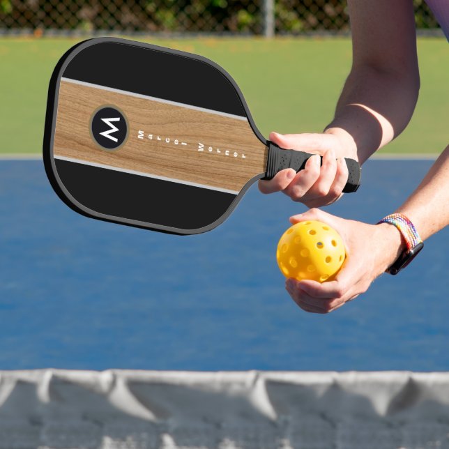 Rustikaler Holzbrauner Streifen auf schwarzem Mono Pickleball Schläger (InSitu)