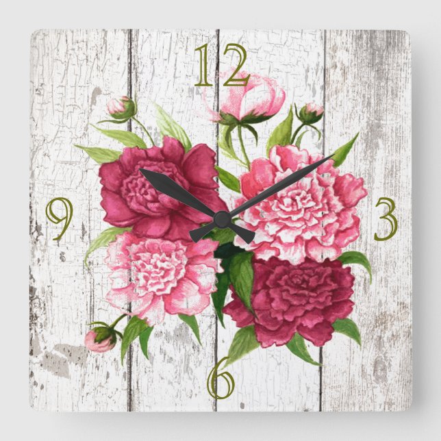 Rustikaler Holzeinschlag mit Peonies Wall Clock Quadratische Wanduhr (Vorderseite)