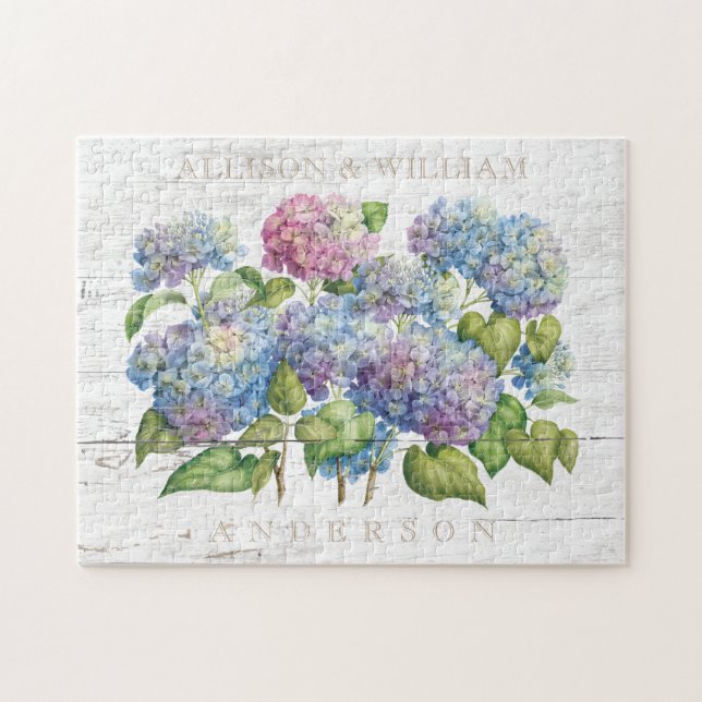 Rustikaler hölzerner blauer Hydrangea verbindet Puzzle (Horizontal)