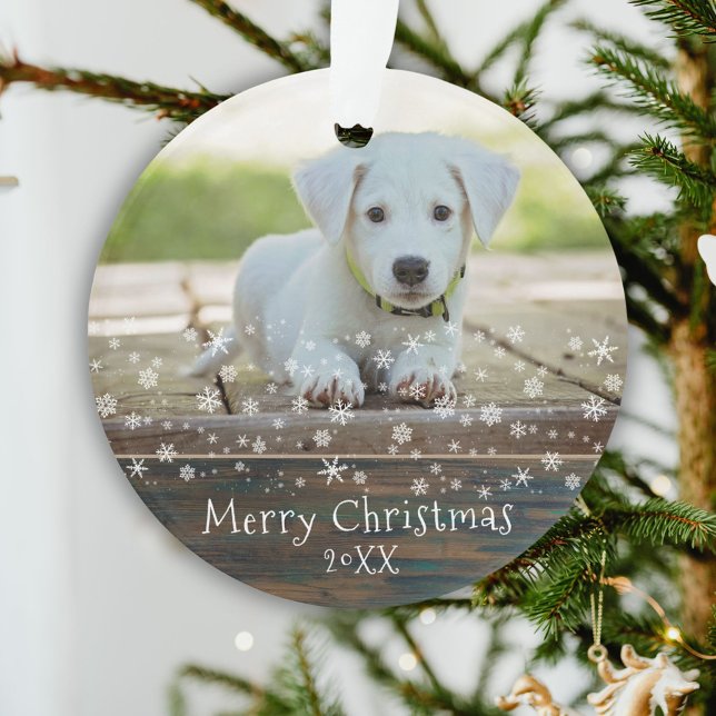 Rustikaler Holzhund Foto Schneeflocken Weihnachten Ornament (Von Creator hochgeladen)
