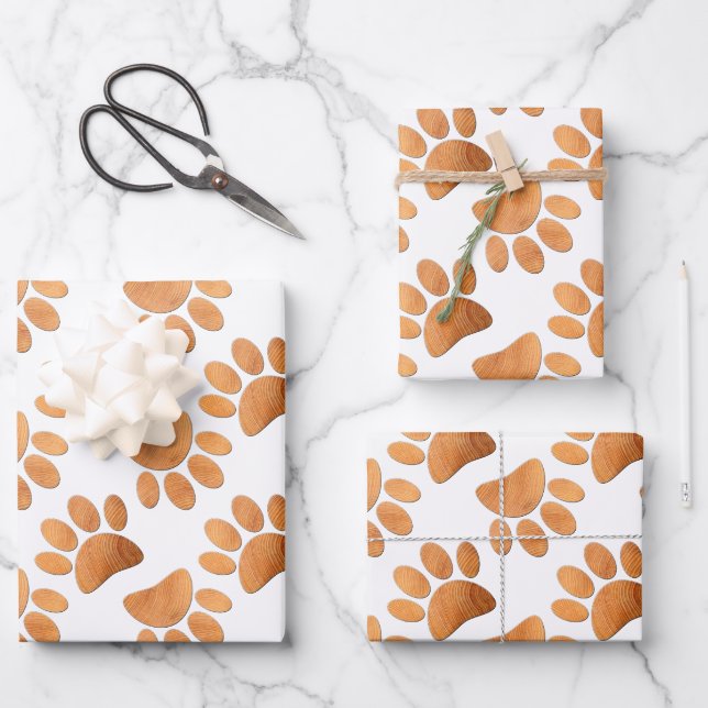 Rustikaler Holzhund Pawprint Geschenkpapier Set (Vorderseite)
