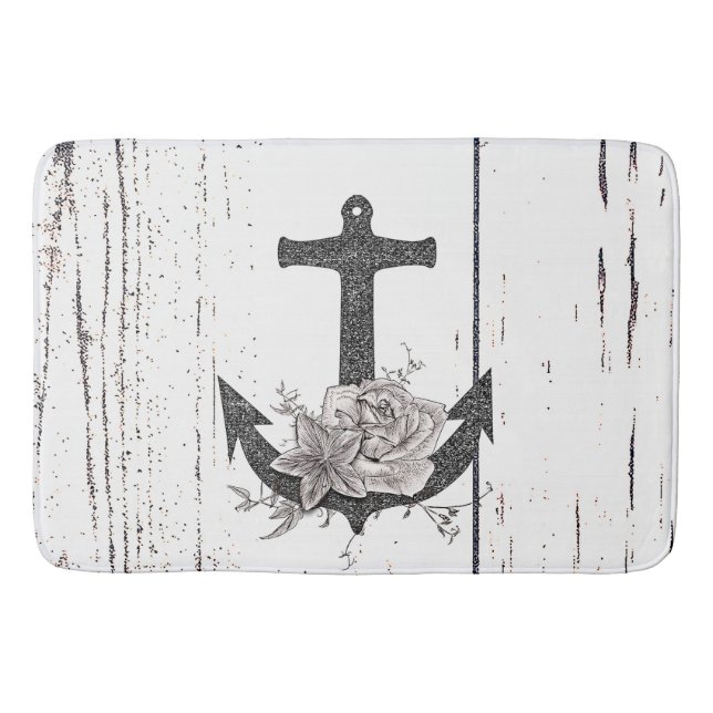 Rustikaler Holzküstenstrand Anker Vintage Blütenwe Badematte (Vorderseite)