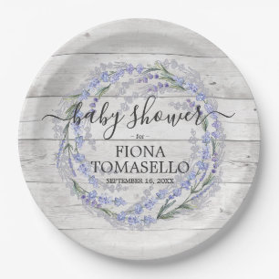 Rustikaler Holzlavendel-Blumenkranz Baby Shower Pappteller