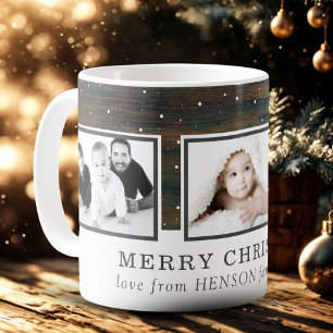 Rustikaler Holzschnee Frohe Weihnachtsfamilie Foto Kaffeetasse